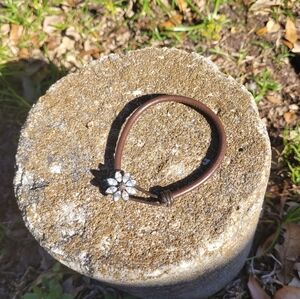Fossil Brown Leather Bracelet with Crystal Flower Accent